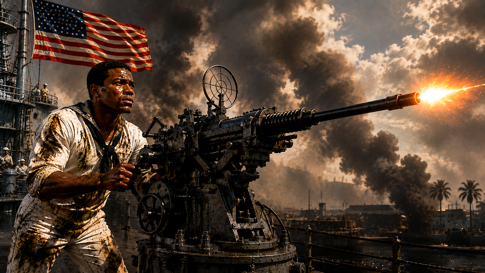 Illustrative wartime hero artwork of Doris Miller operating an anti-aircraft gun